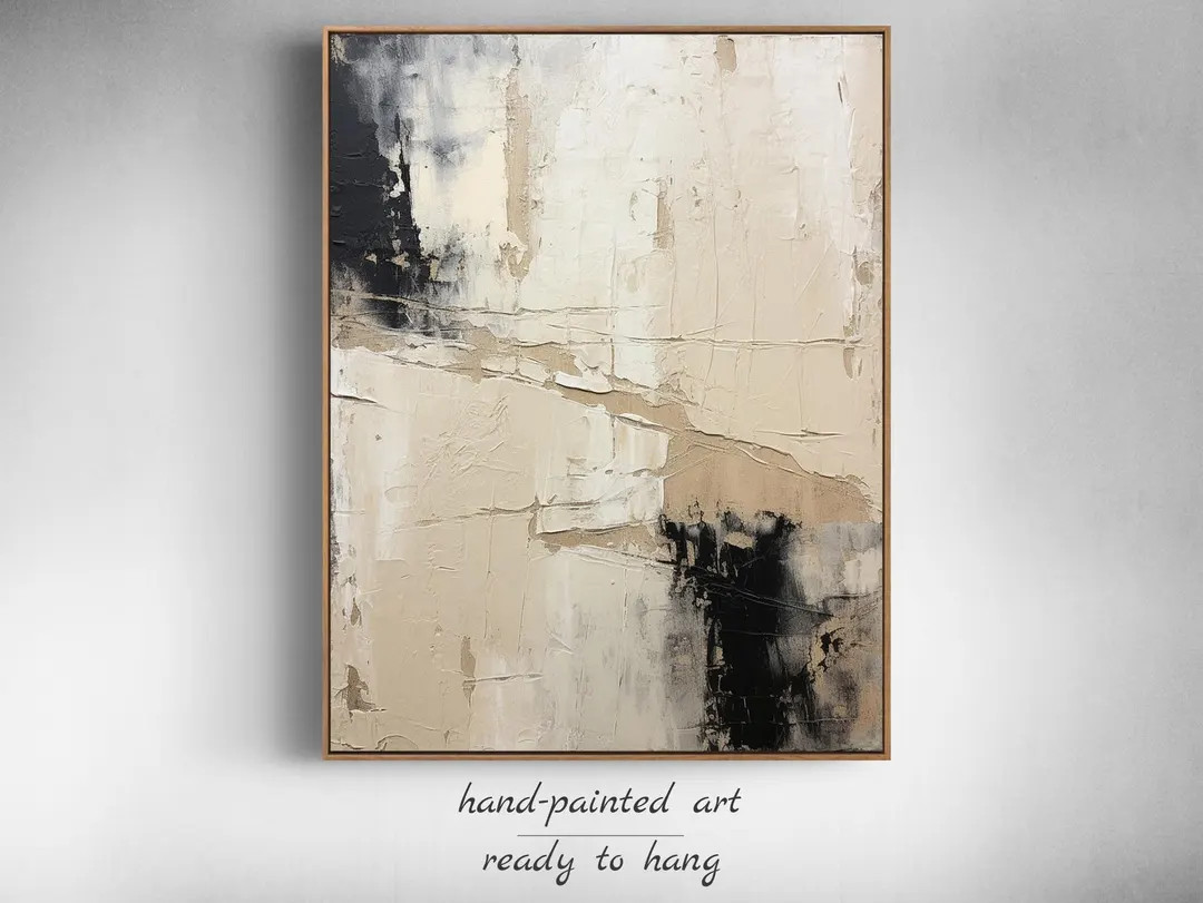 Beige and Black Abstract Painting on Canvas Wabi Sabi Wall Art Brown Textured Art Black and Beige... | Etsy (US)