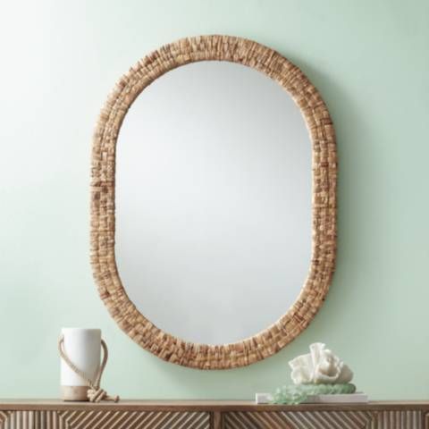 Tioga Natural Woven Rattan 26 1/2"x36" Oval Wall Mirror - #973T1 | Lamps Plus | Lamps Plus