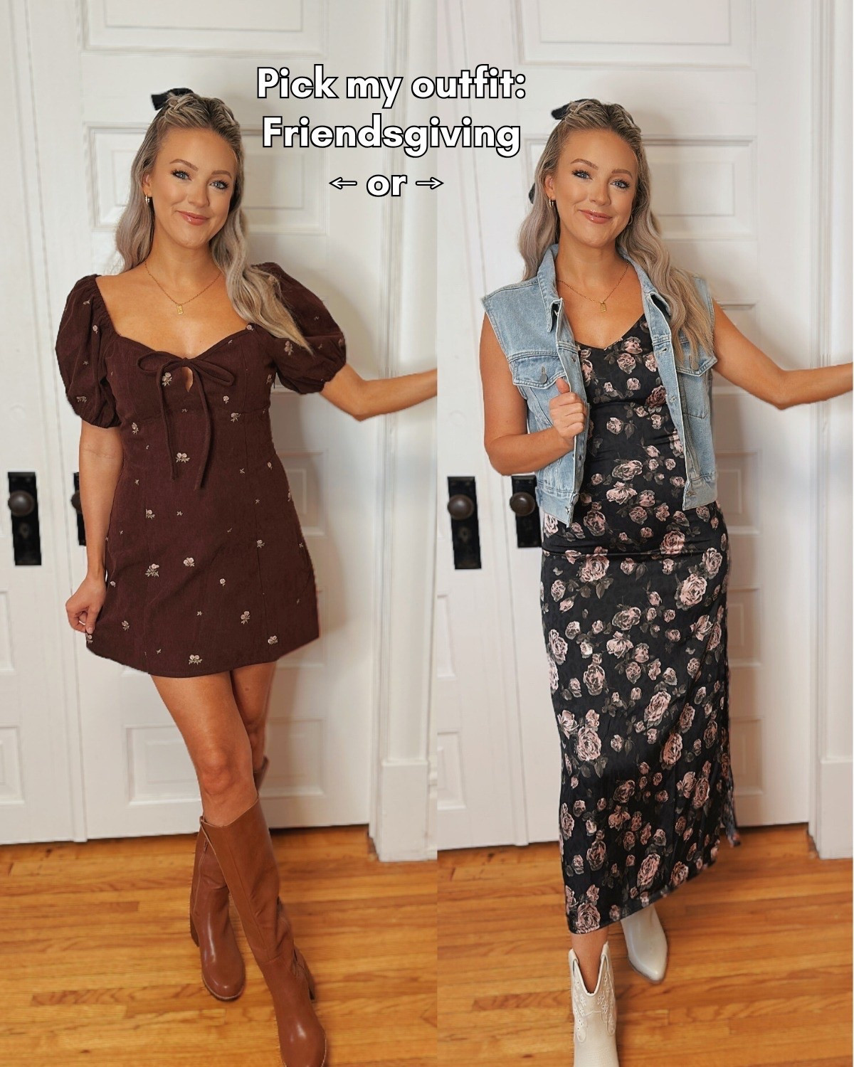 Help me pick my Friendsgiving fit! 👯‍♀️ Are we going flirty and fun in the brown puff-sleeve mini, or cool and artsy in the slip dress w/ denim vest? You know what to do! 👇 (FUN FACT: my bff met her boyfriend at last year's Friendsgiving party, how freaking cute is that?!)

✨Don’t forget discount code BLONDE for 30% off!✨

#LTKFindsUnder50 #LTKSeasonal #LTKHoliday
