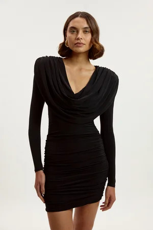 Stretch Drapey Crepe Ruched Plunge Neck Long Sleeve Mini Dress | Karen Millen UK + IE + DE + NL