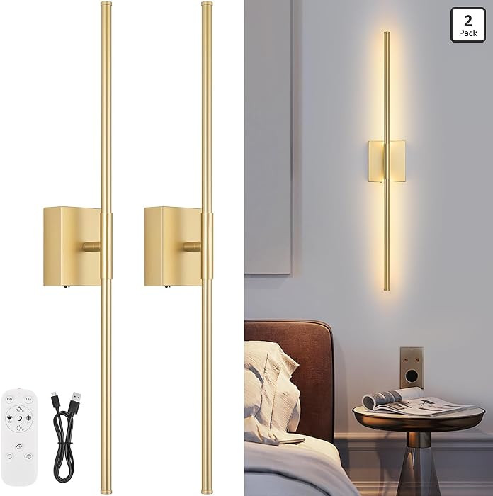 Battery Operated Wall Sconce Set of Two with Remote Control, 3000K-6000K Dimmable Gold Wall Lights, Timable LED Wireless Wall Sconces, 350° Ratate for Bathroom, Living Room, Hallway 29.1 Inch | Amazon (US)