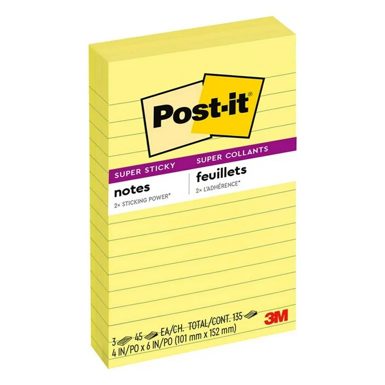 Post-it Super Sticky Lined Notes, 4" x 6", Canary Yellow, 3 Pack | Walmart (US)