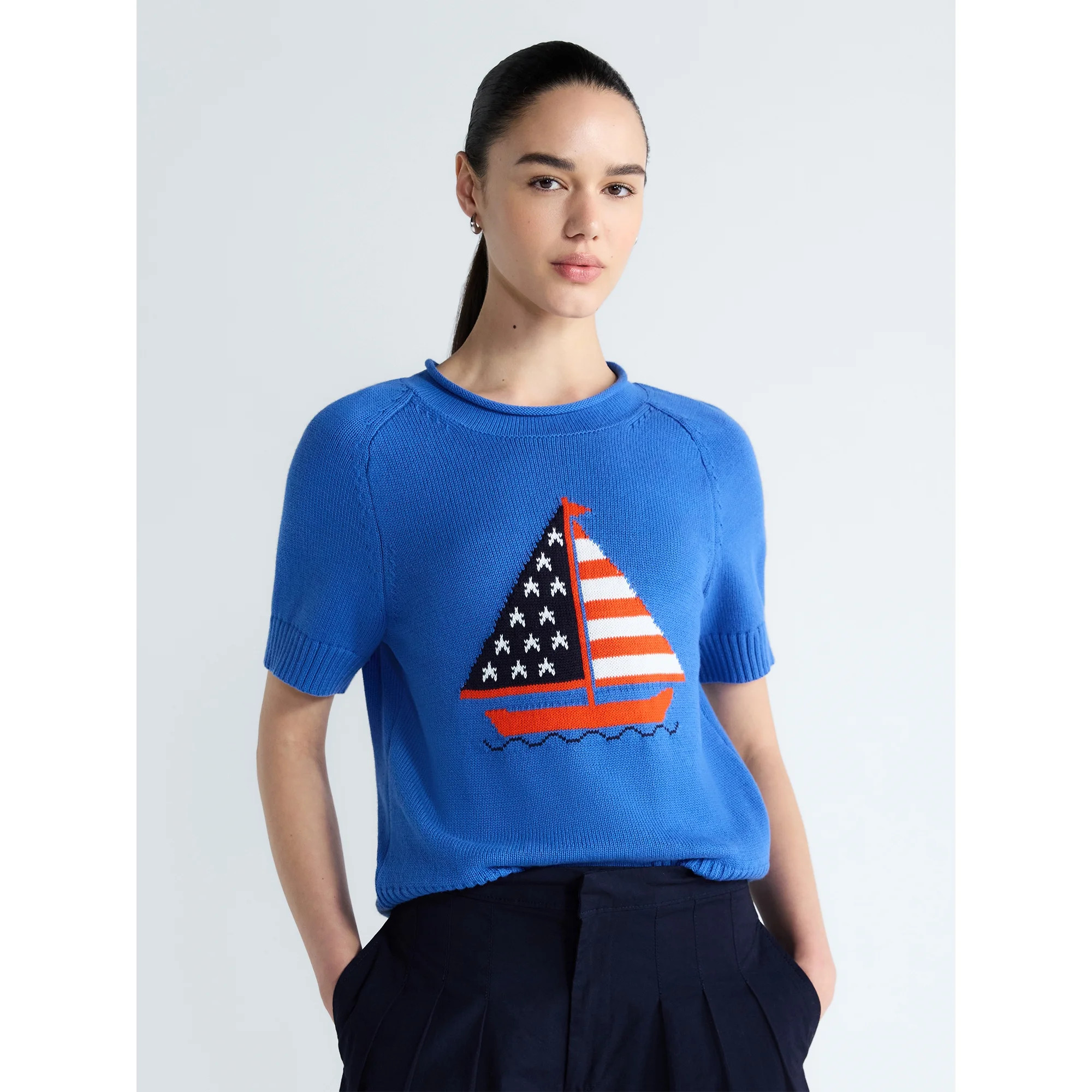 Free Assembly Women's and Women's Plus Roll Neck Cotton Sweater with Short Sleeves, Sizes XS-4X -... | Walmart (US)