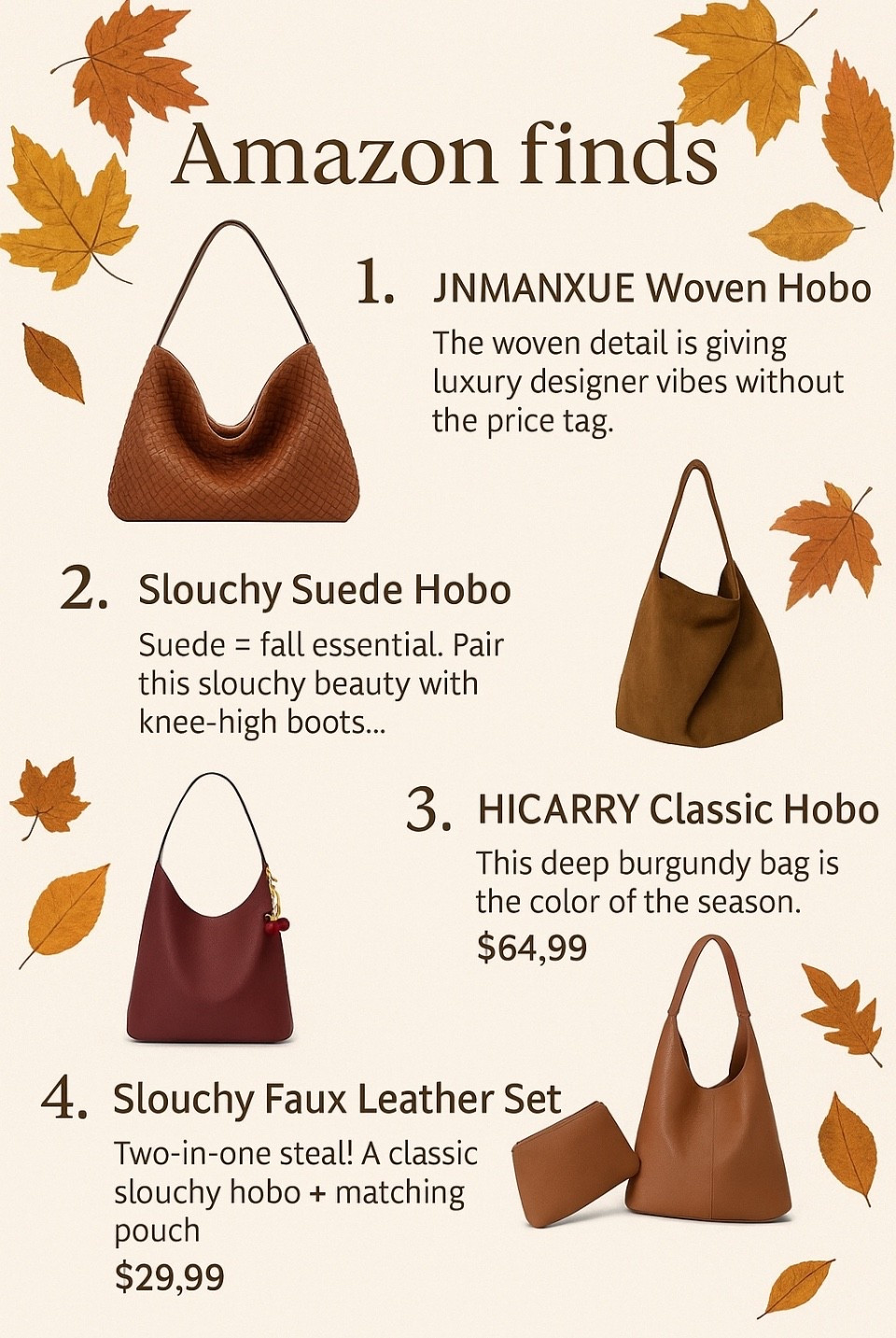 🍂Your fall outfit = instantly elevated when you add one of these beauties. Coffee ☕️run, pumpkin patch, girls’ night—she’s THAT bag. 💋



#LTKStyleTip #LTKSeasonal #LTKFindsUnder100