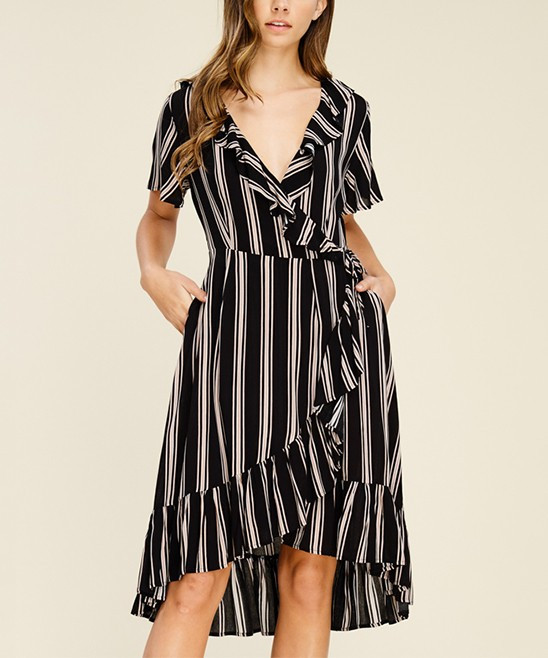 Black & White Stripe Ruffle-Hem Wrap Dress - Women | zulily