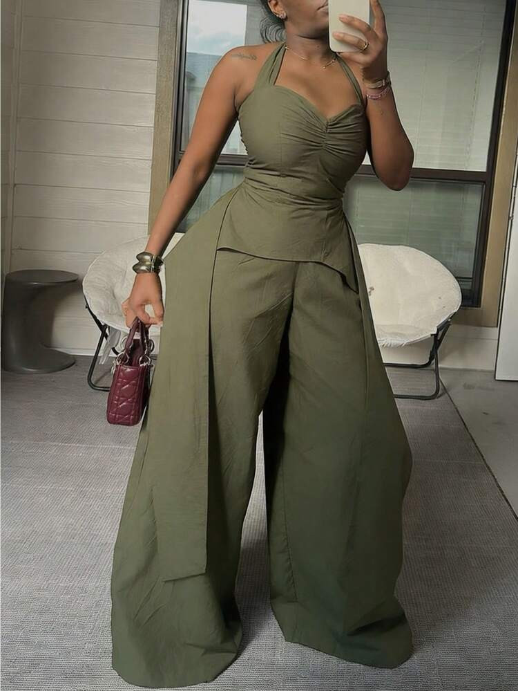 GLOURI Women's Olive Halter One-Piece Set - Twisted Bust & Wide-Leg Pants Detail | Elegant Chic Style For Art Gallery Visits, Business Casual Outings & Urban Street Strolls (Halter Silhouette & Eye-Catching Wide-Leg Design) For Polished Stylish Looks | SHEIN