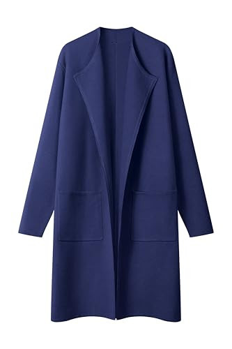 MEROKEETY Women's Open Front Coatigan Sweater Long Sleeve Casual Knit Lapel Cardigan Coat with Pockets, Navy, Large | Amazon (US)
