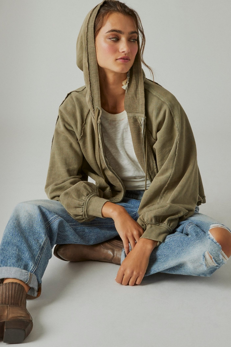 raglan raw edge zip up hoodie | Lucky Brand