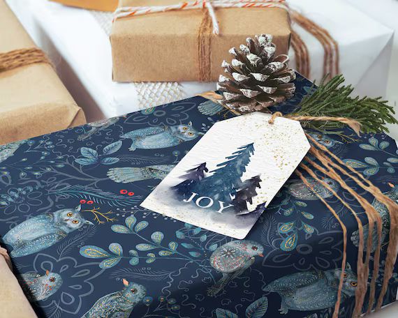 Winter forest wrapping paper, Winter Gift Wrap, Woodland Nordic Holiday Gift Roll, Navy Blue bird... | Etsy (US)