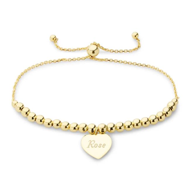 Engravable Heart Tag Beaded Gold Bolo Bracelet | Eve's Addiction