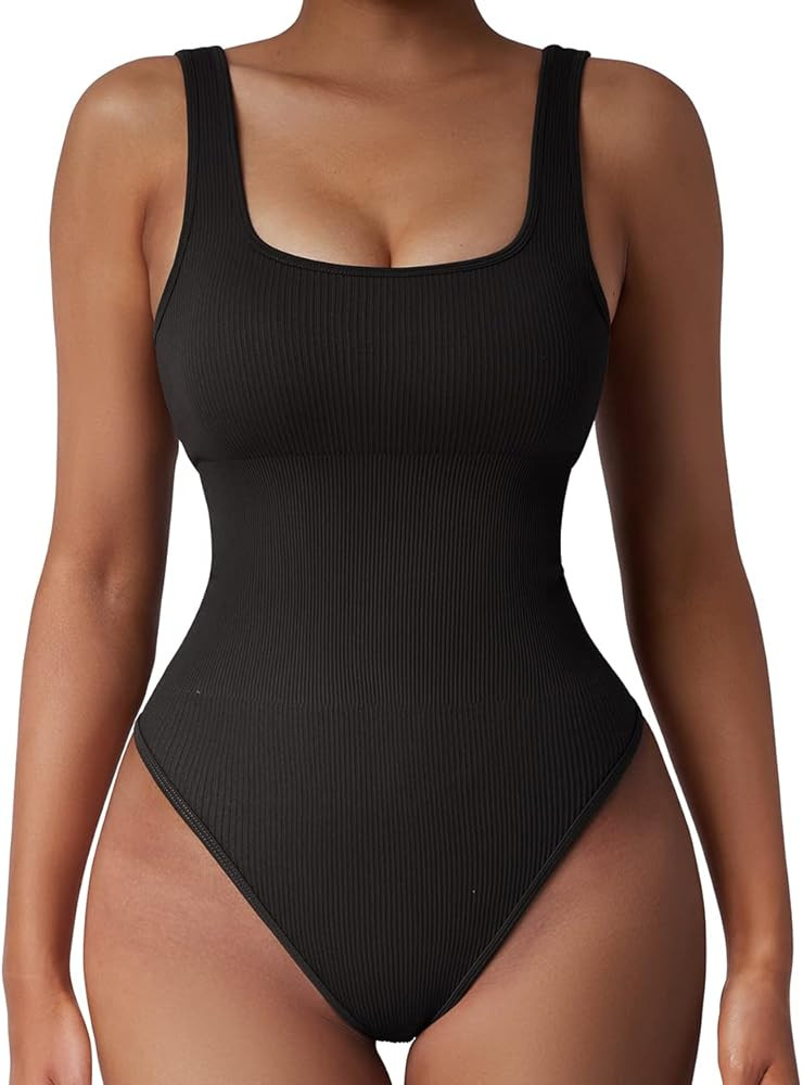 SUUKSESS Women Ribbed Sexy Bodysuit Sleeveless Square Neck Padded Tank Top | Amazon (US)
