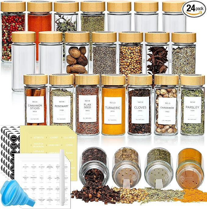 NETANY 24 Pcs Spice Jars with Bamboo Lids - 4 oz Round Glass Spice Jars with Labels, Minimalist F... | Amazon (US)