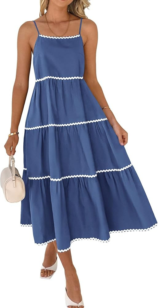 BTFBM Boho Summer Dresses 2024 Vacation Spaghetti Strap Backless RIC Rac Trim Tiered A-Line Long ... | Amazon (US)