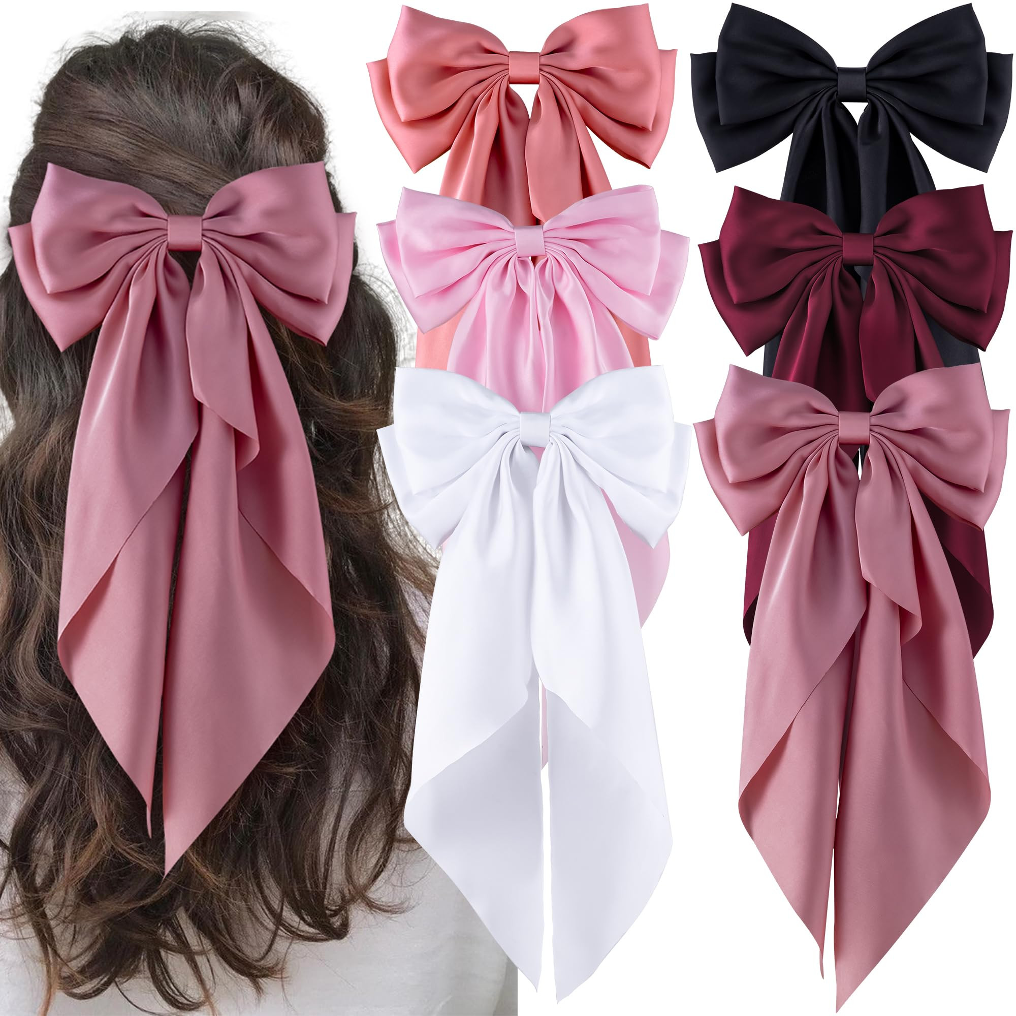 6Pcs Large Bows Hair Clips for Women Girls Long Tail Hair Ribbon Silky Satin Barrettes Coquette B... | Amazon (US)