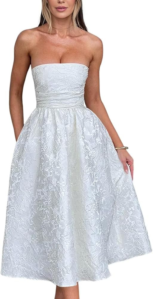 Strapless Jacquard Prom Dresses with Pockets A-Line Midi Cocktail Party Dress | Amazon (US)
