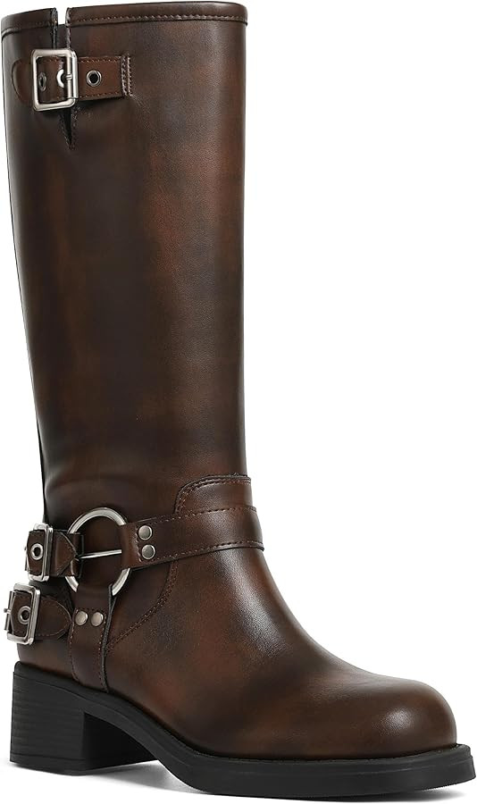 AMINUGAL Knee High Boots Women Square Toe Pull On Wide Calf Riding Fashion Buckles Chunky Metalli... | Amazon (US)