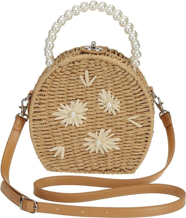 TaiGuri Women's Handmade Straw Artificial Pearl Handle Flower Woven Purse Handbag Tote Bag | Amazon (US)