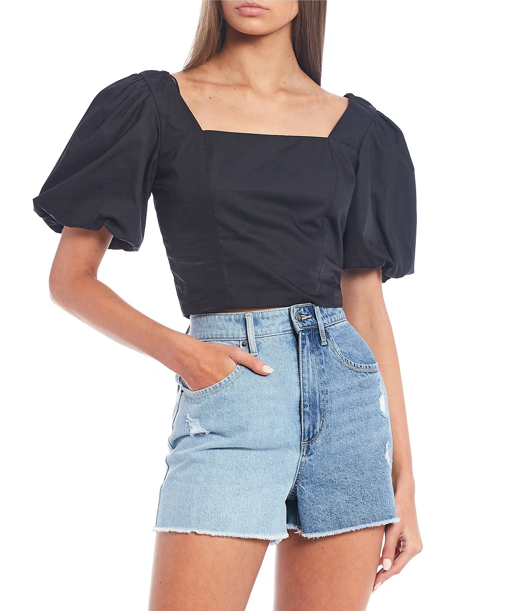 Square Neck Puff Sleeve Poplin Cropped Top | Dillard's