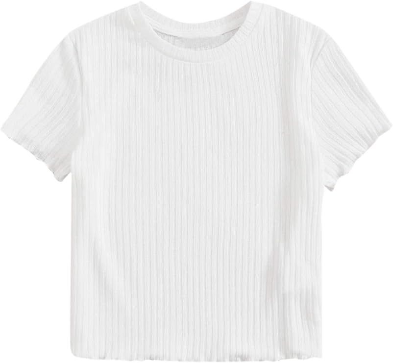 SweatyRocks Women's Solid Crew Neck Ribbed Knit Short Sleeve Crop Top T Shirts | Amazon (US)