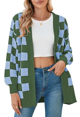 Cardigan for Women Batwing Sleeve Open Front Ribbed Knit Oversized Cardigans Sweaters Plaid Green M | Amazon (US)