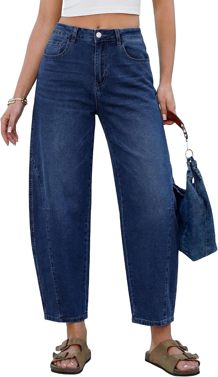 GRAPENT Barrel Jeans for Women Cropped Trendy High Waisted Baggy Side Seamed Casual Stretchy Denim Pants Wide Leg Jeans | Amazon (US)