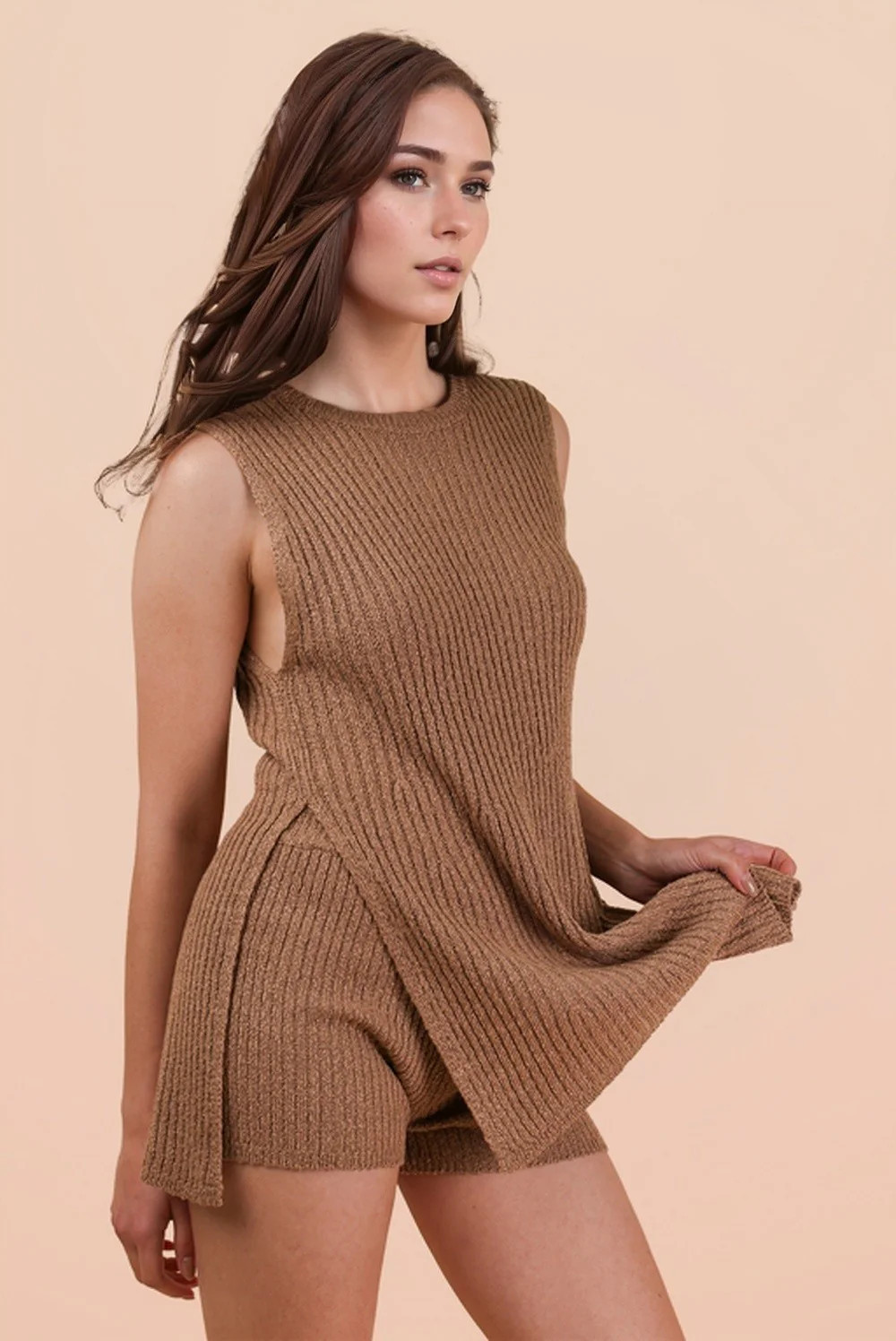Mocha Knit Sleeveless Top Shorts Set | PinkBlush Maternity
