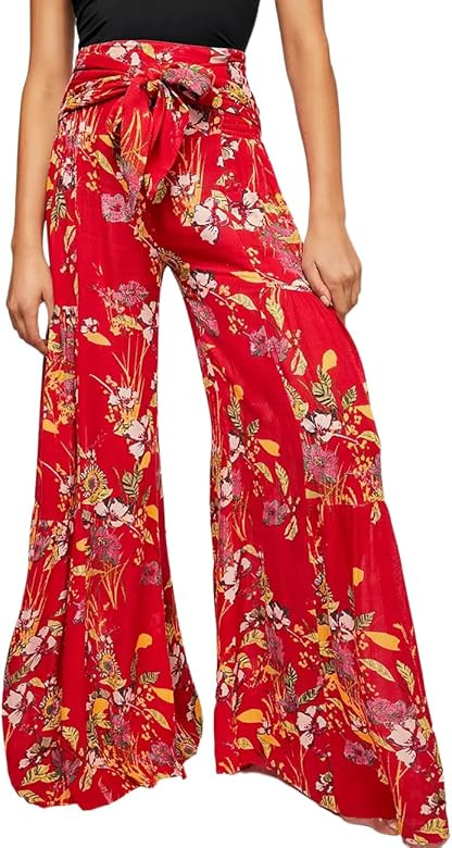 Lrady Womens Wide Leg Palazzo Lounge Pajama Pants High Waist Tied Belt Beach Boho Loose Yoga Athl... | Amazon (US)