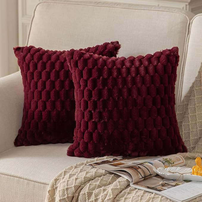 MANDIOO Pack of 2 Burgundy Super Soft Plush Fluffy Decorative Throw Pillow Covers 18x18 inch Faux... | Amazon (US)