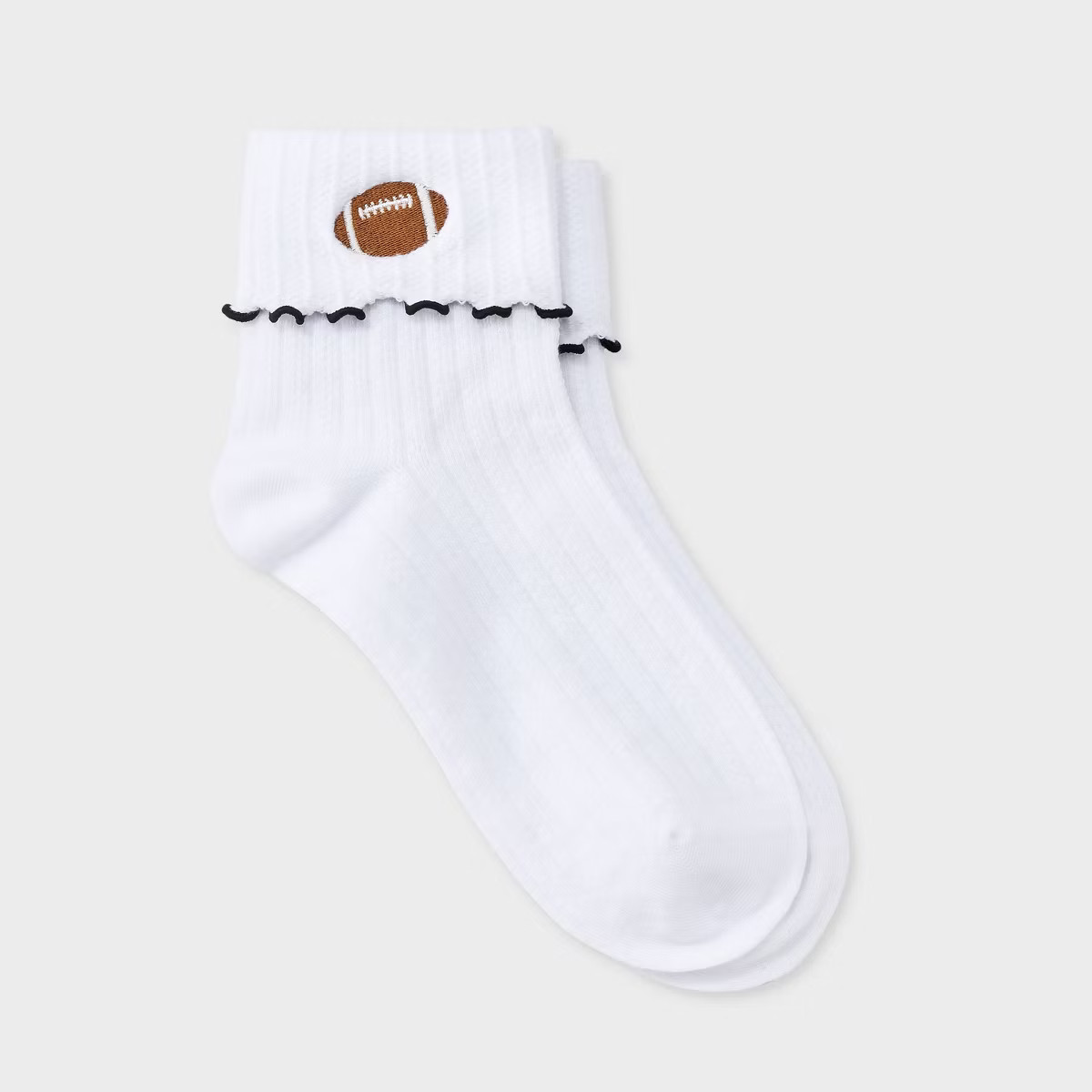 Women's Game Day Embroidered Football Pointelle Bobby Socks with Lettuce Edge Cuff - Wild Fable... | Target