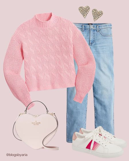 Pink cable knit sweater, straight jeans, pink striped sneakers, heart shaped bag, heart pave earrings 

#LTKFind #LTKstyletip #LTKSeasonal