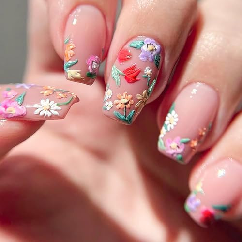 24Pcs Spring Press on Nails Cute 3D Flower Fake Nails Short Square Acrylic Nails Pink False Nails Reusable Artificial Nails Full Cover Glossy Stick on Nails for Women Girls Spring Summer Nail Art | Amazon (US)