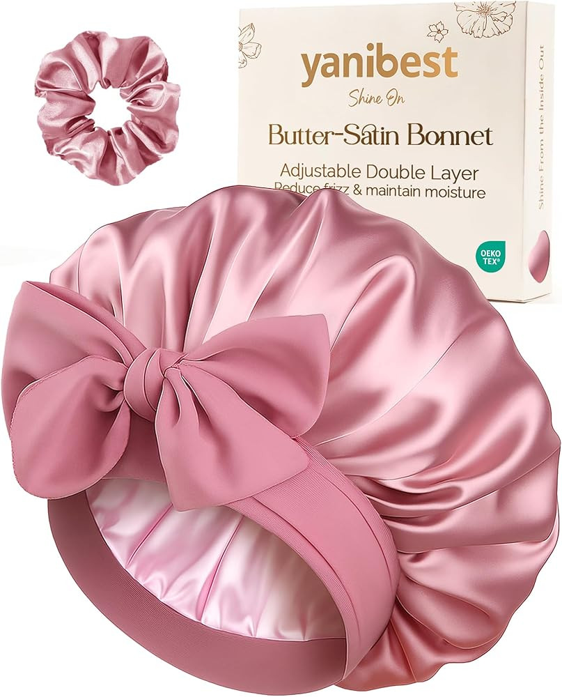 YANIBEST Adjustable Double Layer Satin Bonnet, Silk Hair Bonnet for Sleeping with Elastic Tie Cur... | Amazon (US)
