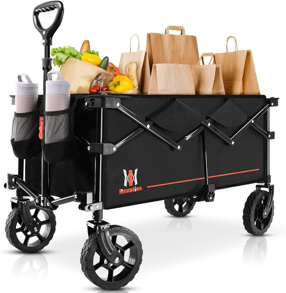 Navatiee Collapsible Folding Wagon, Wagon Cart Heavy Duty Foldable with Two Drink Holders, Utility Grocery Wagon for Camping Shopping Sports, S2, Black | Amazon (US)