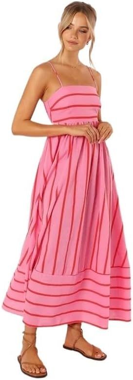 Striped Sleeveless Suspender with Open Back Large Hem Casual Dress Large Hem Extended Dress | Amazon (US)
