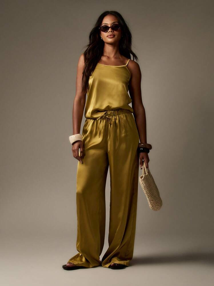 MISSGUIDED Luxurious Satin Wide Leg Loungewear Palazzo Set Adjustable Strap Cami Top Elastic Wais... | SHEIN