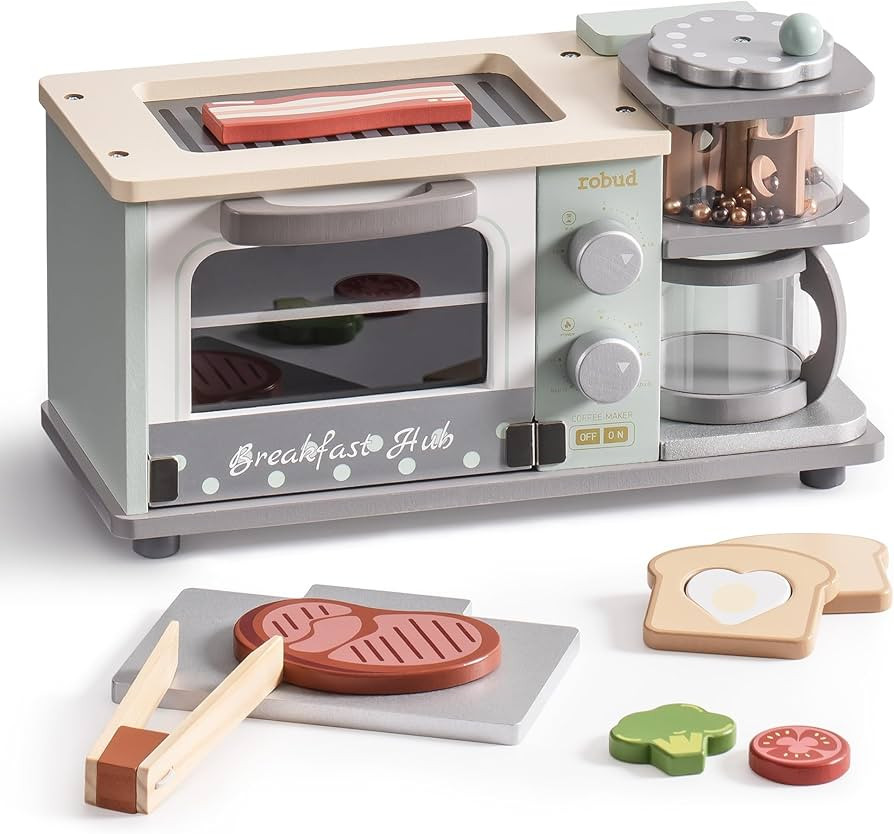 ROBUD Toddler Kitchen Playset - Wooden Breakfast Set with Coffee Maker, Toaster, Griddle, Play Fo... | Amazon (US)