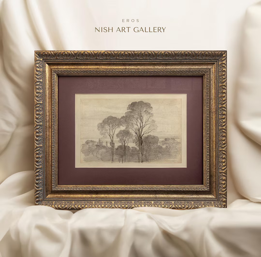 Vintage Art Framed, Dry Rose Matted , Tree Wall Art Print, Forest Landscape Drawing, Tree Sketch ... | Etsy (US)