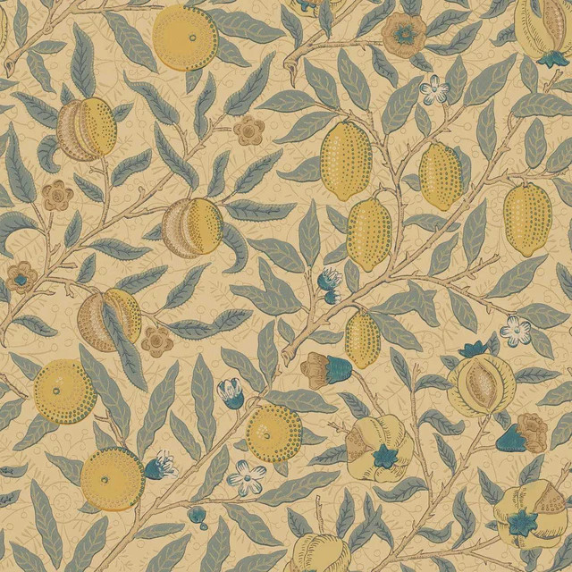 Morris & Co Fruit Blue/Maize/Gold/Oakwood/ Khaki Wallpaper | DecoratorsBest