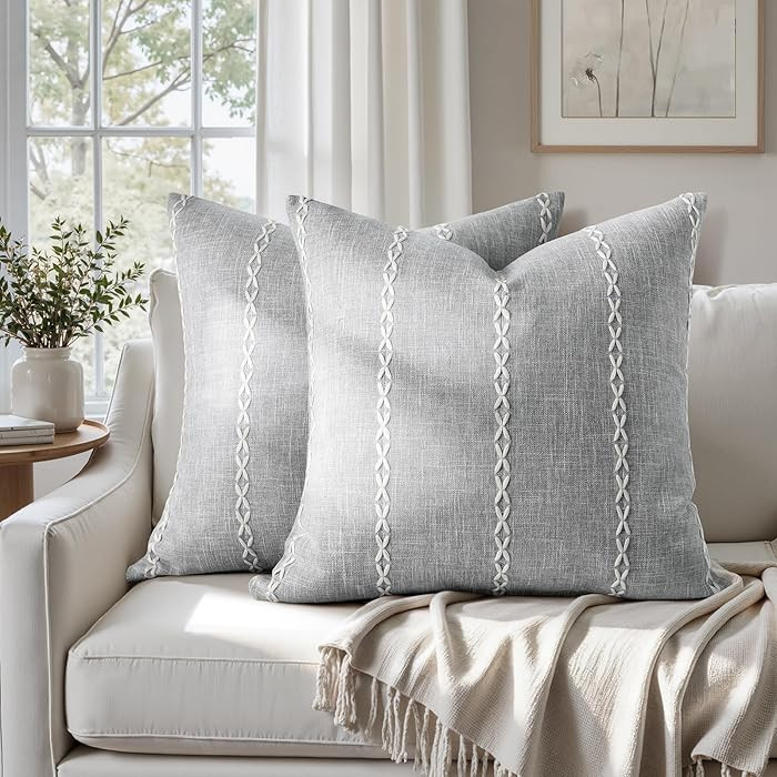 HOMEIDEAS Farmhouse Decorative Throw Pillow Covers 20x20 Set of 2, Grey Striped Pillow Covers, Fa... | Amazon (US)