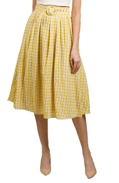 NIKKI LUND Gingham Belted High Waist Pleated A-Line Skirt in Light Pastel Yellow at Nordstrom, Size  | Nordstrom