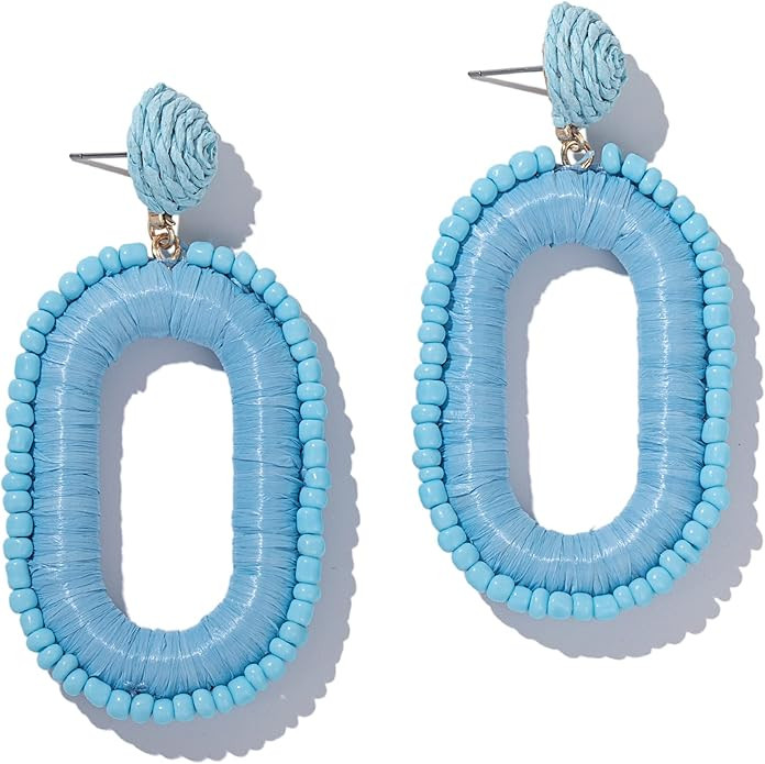 Beaded Raffia Boho Earrings - Cute Seed Bead Square Drop Dangle Earrings for Summer | Amazon (US)