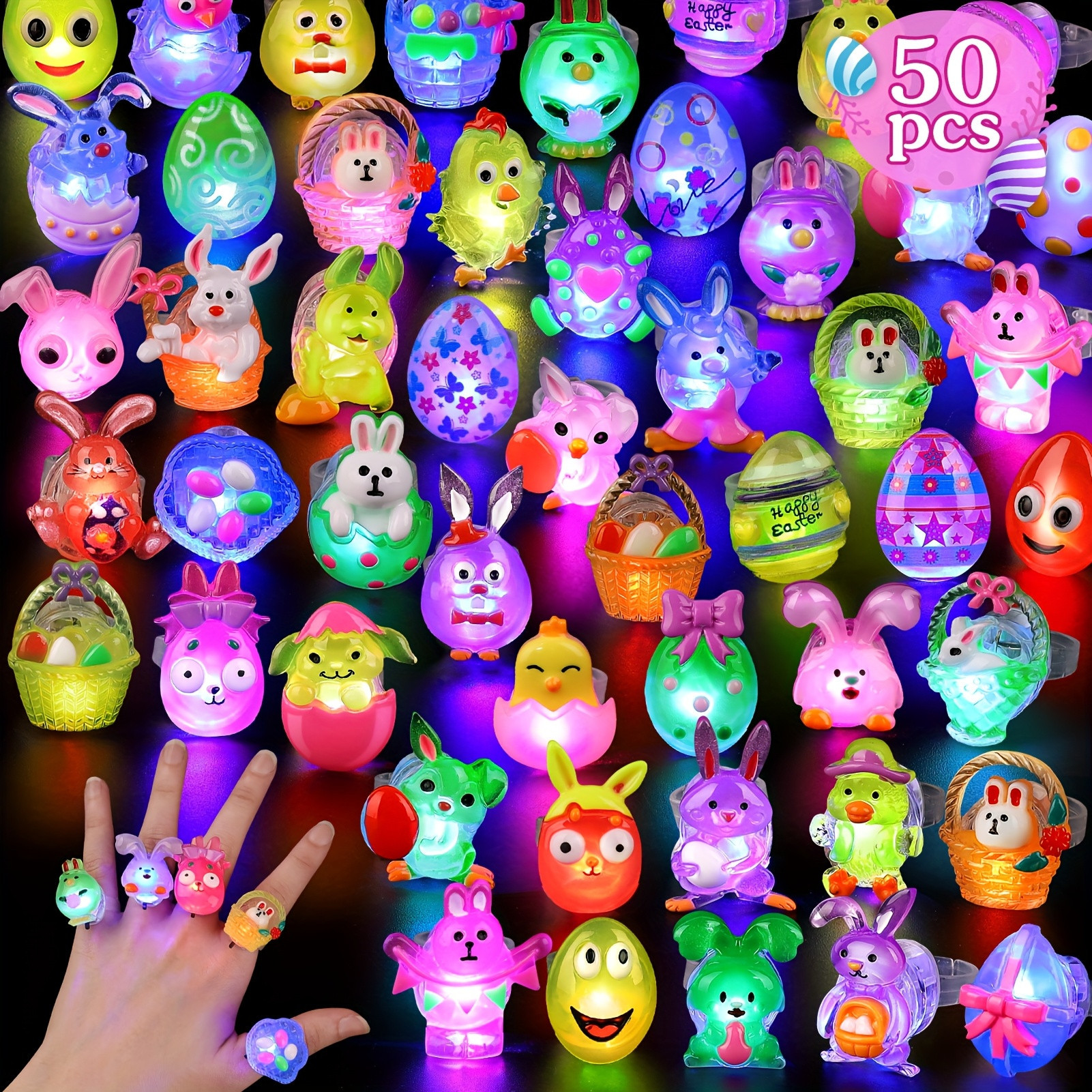 TEMU 50pcs Easter Led Light Up Rings – Colorful 3d Flashing Glow Wristbands With Fun Animal & Egg Designs, Basket Stuffers, Party Favors, And Kids’ Easter Activities | Temu Affiliate Program