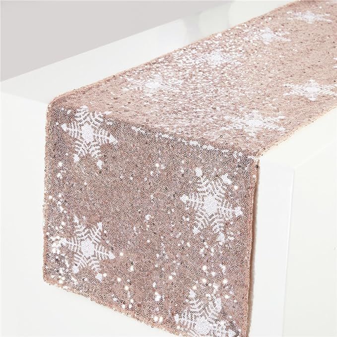 Trlyc Christmas White Snowflake Pattern Rose Gold Sequin Table Runner-12 x72 | Amazon (US)