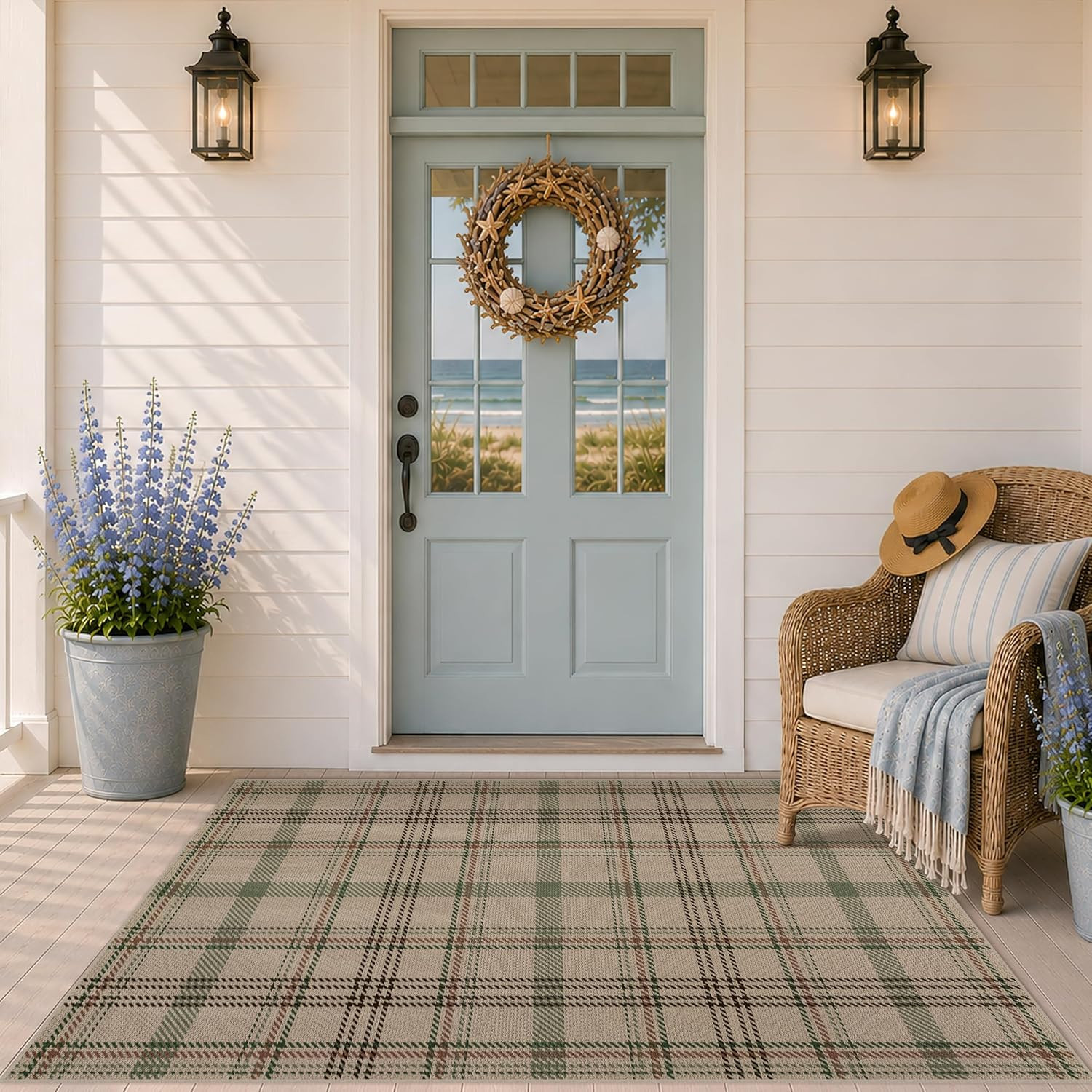 JTJ Easy Jute 3x5 Outdoor Rug for Front Porch, Washable Sage Green Plaid | Amazon (US)