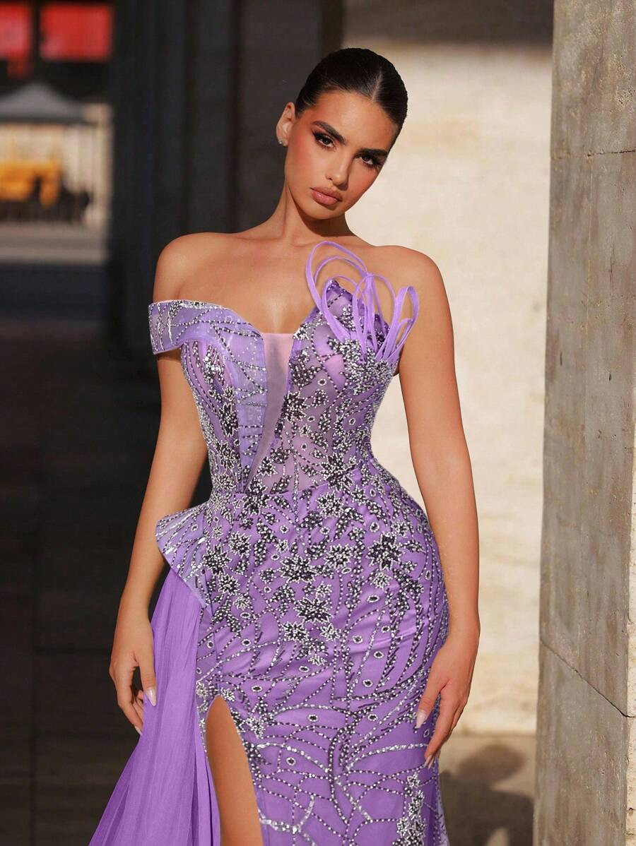 Glamrae Elegant Luxurious Sequin & Pearl Embellished Satin Sexy Thigh High Slit Mermaid Skirt Wit... | SHEIN