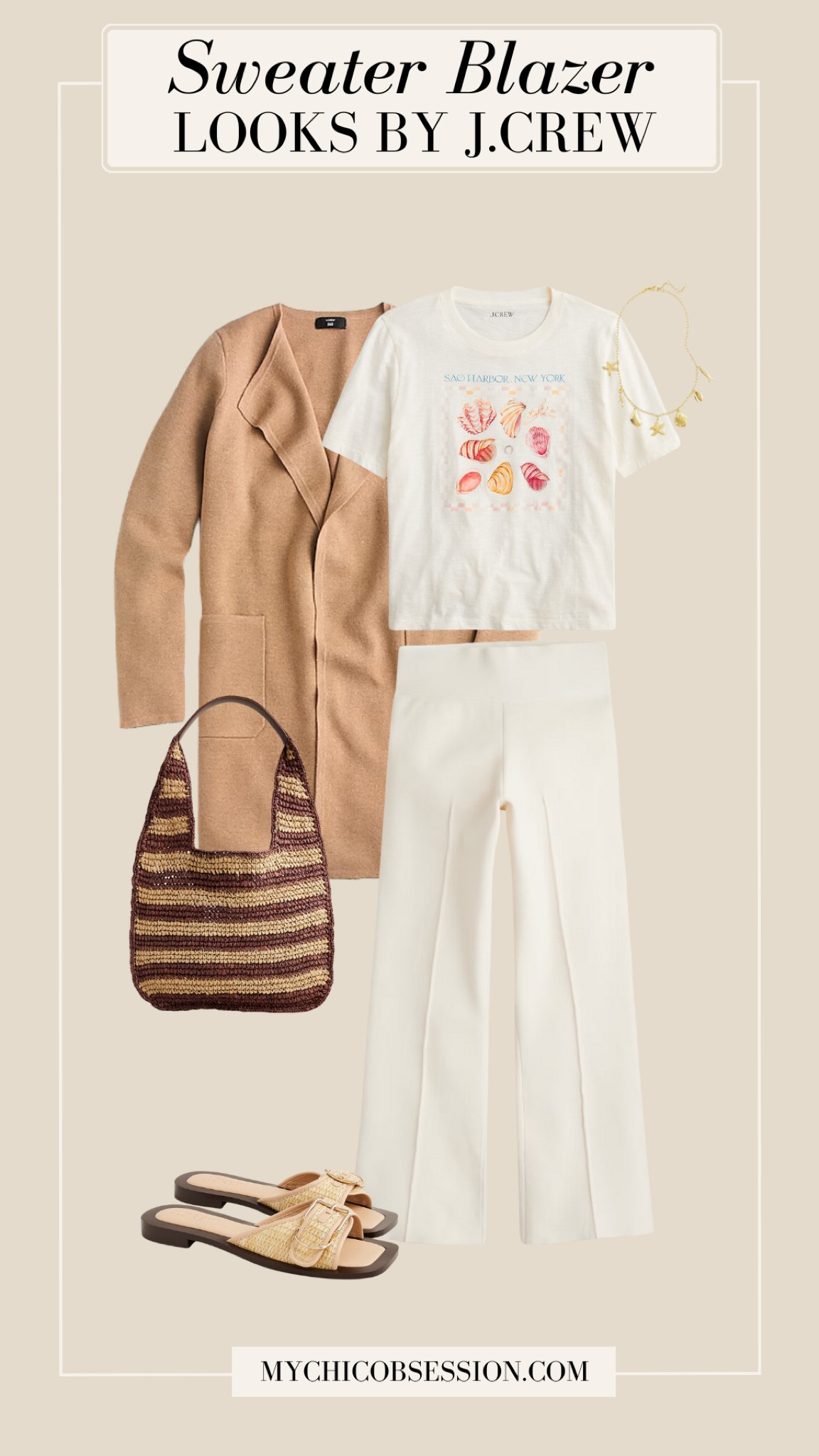 Transition from summer to fall with this next look. Pair J.Crew’s sweater blazer with a shell graphic tee, kick out crop sweater pants, a striped straw tote, and slide sandals. A gold charm necklace finished the look.

#LTKShoeCrush #LTKSeasonal #LTKStyleTip
