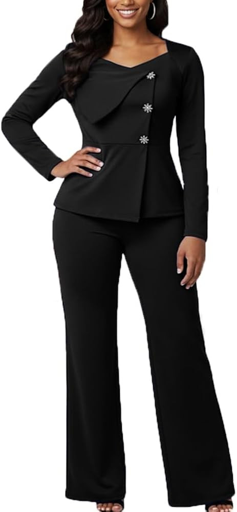 HWP Womens Pant Suit Dressy 2 Piece Business Casual Outfits Long Sleeve Blazer Jacket Wide Leg Pa... | Amazon (US)