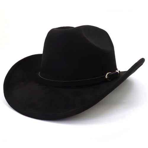 JOTDEW Cowboy Hat Cowgirl Hat Men's & Women's Wide Brim Felt Fedora Hat with Buckle Belt Western Cowboy Hat TS C181 Black | Amazon (US)
