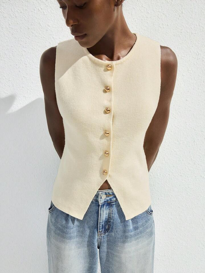 Maija Women's Casual Solid Color Front Button Sleeveless Knit Top, Summer Women Summer Clothing | SHEIN