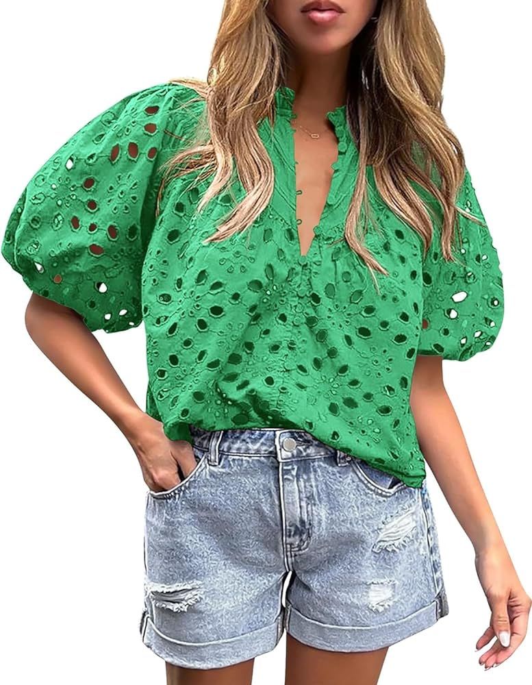 Women's Hollow Out Embroidered Blouse Short Lantern Sleeve V Neck Buttons Shirts Summer Tops | Amazon (US)